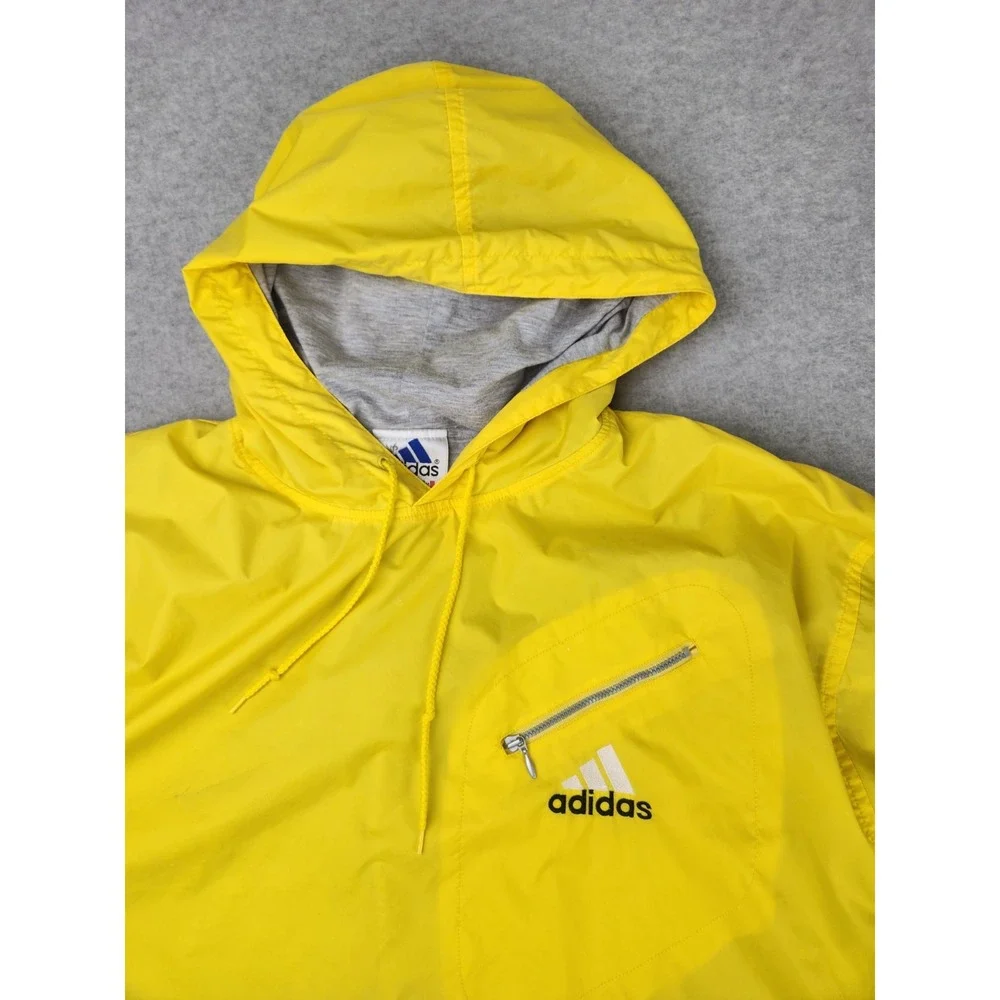 VTG Adidas Mens Windbreaker Jacket Yellow Black stripe Cotton Lined Hoodie LARGE